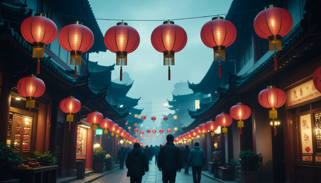 Chinese New year red paper latern decoration with lights on the street