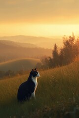 Black and White Cat Sitting in Grass at Sunset &mdash; Peaceful Nature Scene