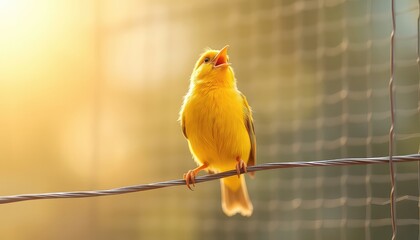 Vibrant yellow bird perched on a wire, head tilted back in full song, against a sunny, blurred backdrop, radiating warmth and vitality