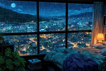 Rainy night city view from cozy lo-fi bedroom