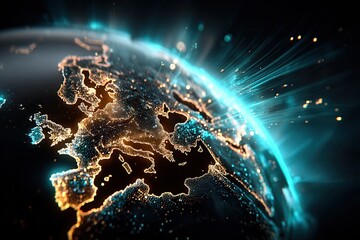 Futuristic glowing Earth showing Europe and Mediterranean data flow