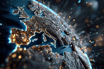Golden and blue digital Europe glowing with global data connections