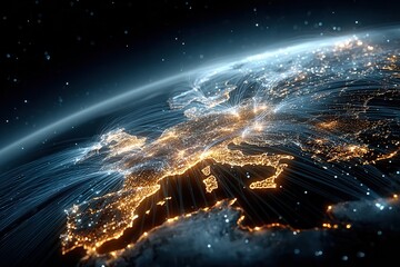 Nighttime Europe glowing with digital data flow connections