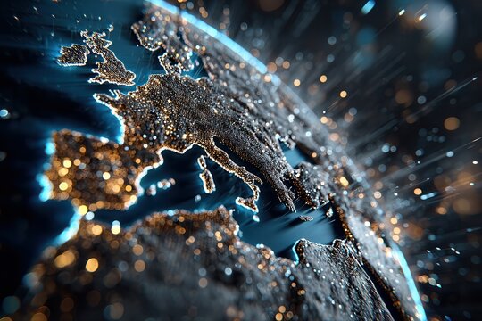 Golden and blue digital Europe glowing with global data connections