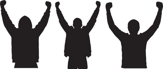 Three people with arms raised in celebration or victory silhouette isolated on transparent background