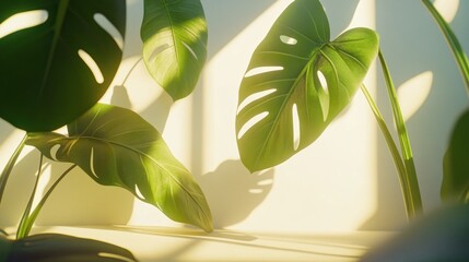 Lush monstera leaves bathed in sunlight against a light beige wall.