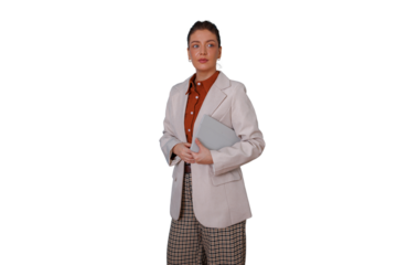 Businesswoman standing, holding laptop, professional corporate woman looking aside, transparent background