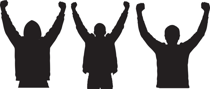 Three people with arms raised in celebration or victory silhouette isolated on transparent background