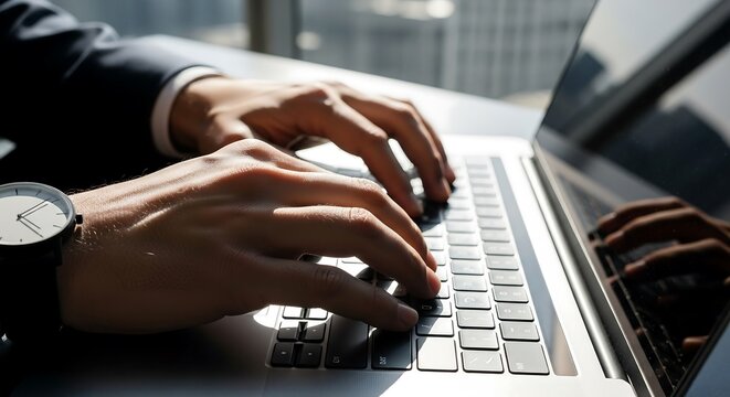 Male hands typing on sleek laptop with wristwatch, office window reflections, modern workspace photography for productivity branding