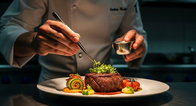Chef plating gourmet steak with precision tweezers, dramatic side-lit stainless steel kitchen background, culinary photography for luxury restaurant branding and advertising