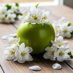 Green Apple Adorned with Delicate White Blossoms on Wooden Surface.