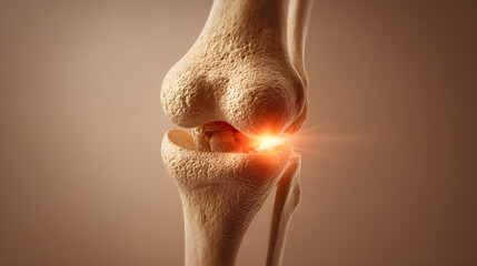 Detailed anatomical illustration of a human knee joint with highlighted pain area for medical education