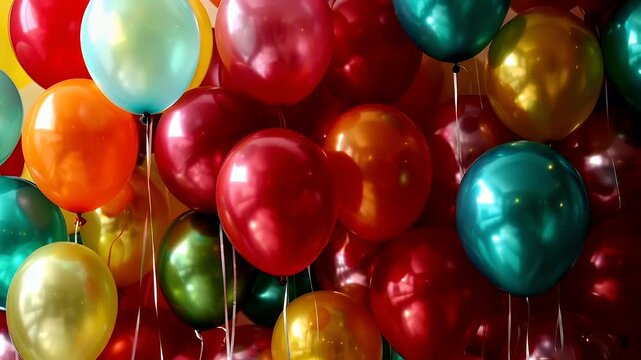 Birthday holiday celebration decoration. A closeup of a vibrant assortment of balloons. The balloons are of various colors, including red, blue, green, yellow, and orange.