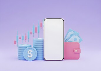 A minimalist rendering of a phone with financial elements on a lavender colored background scene