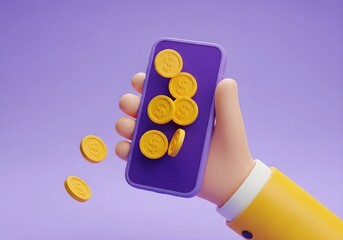 Cartoon hand holding a purple phone with gold coins on the screen against a purple background