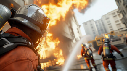 Firefighters tackling intense blaze with flames and smoke, emergency response