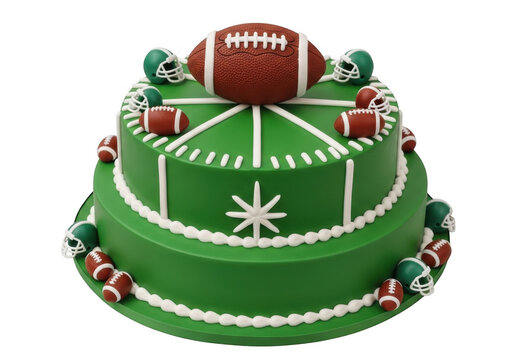 American football themed cake with field, helmets, and balls