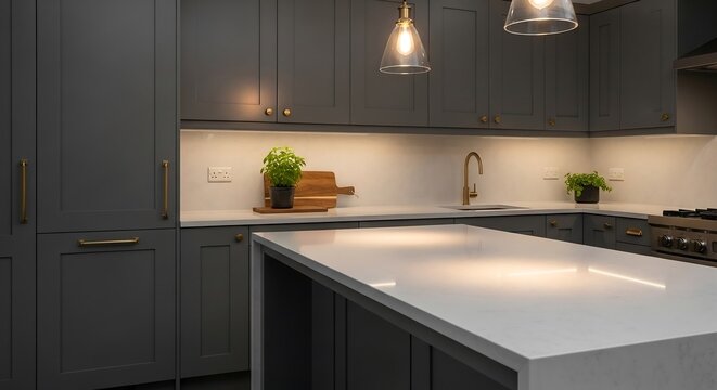 Charcoal gray kitchen with gold hardware and quartz countertop, soft highlights from pendant lights, diagonal interior shot for stylish home ads and premium real estate marketing