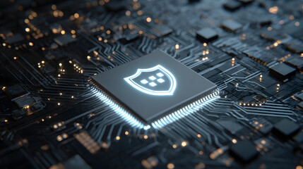 Futuristic cybersecurity concept with glowing shield icon on a microchip, symbolizing digital protection and advanced technology.