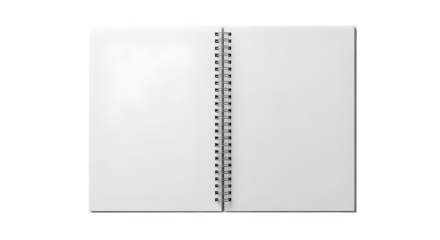 Open blank white notebook with spiral binding isolated on transparent background