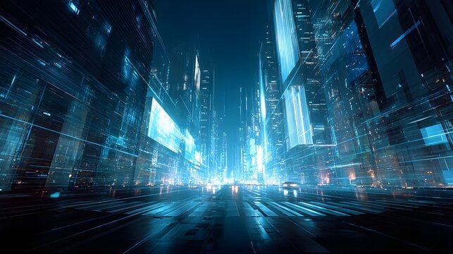 Futuristic cityscape displays glowing digital architecture along a dark roadway.