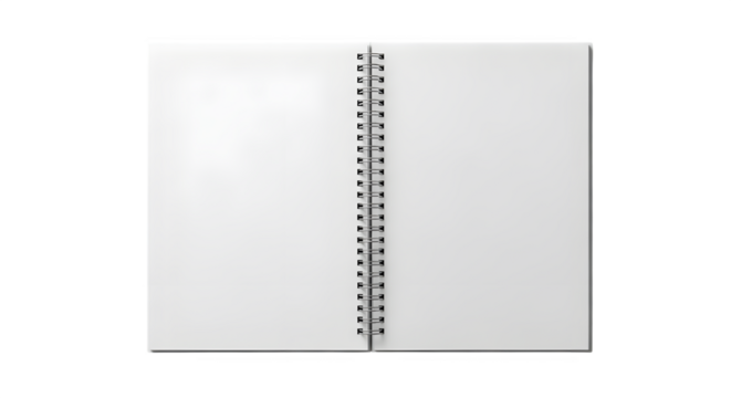 Open blank white notebook with spiral binding isolated on transparent background
