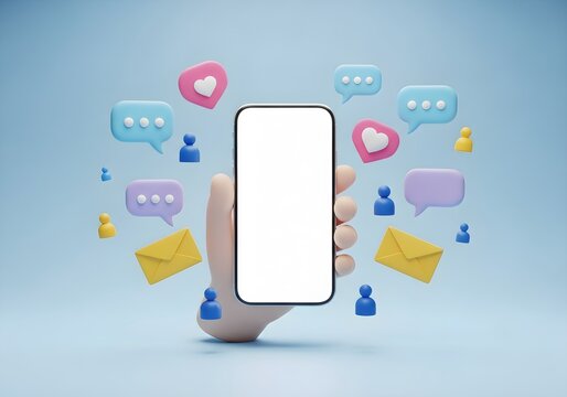 Hand holding smartphone with blank screen surrounded by social media icons on a blue background
