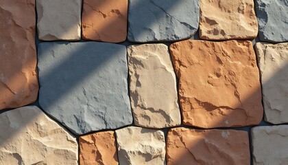 Detailed textural close up of a wall comprised of irregularly shaped blocks of different colors and shades with partial lighting
