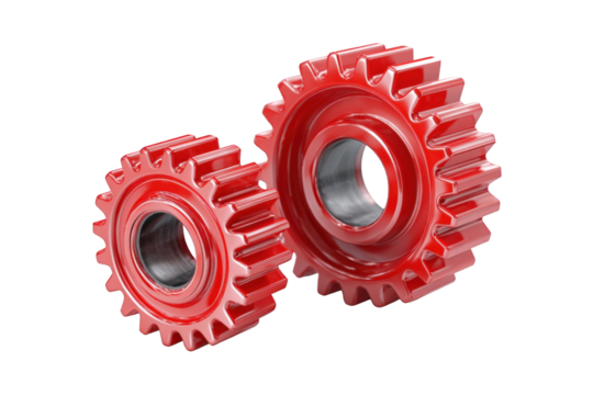 Two red gears in 3D - Powered by Adobe
