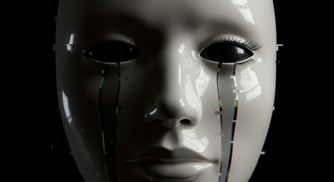 Close up of a synthetic face mask with internal components exposed below the eyes - Powered by Adobe