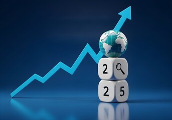 Blue upward trend line with globe on stacked dice against a dark blue gradient background