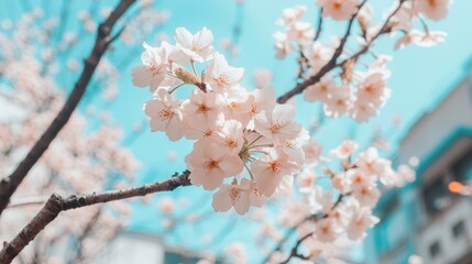 Delicate cherry blossoms against a vibrant sky.