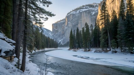 “Frozen River Winding Through Pine Forest Beneath Snowy Cliffs, Winter Landscape, Peaceful Nature Scene, Soft Daylight, Serene Outdoors”