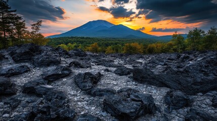 Volcanic landscape at sunset with a mountain vista.