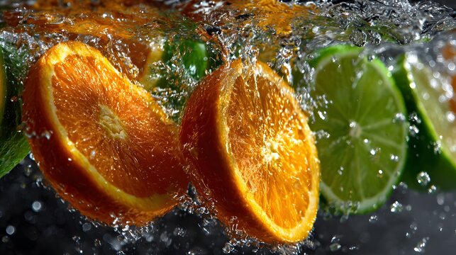 Slices of citrus fruit drop dynamically into clear, splashing water