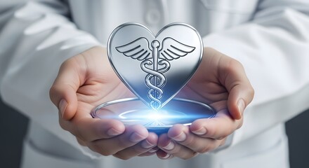 Doctor holding a glowing heart with caduceus symbol for healthcare and medicine