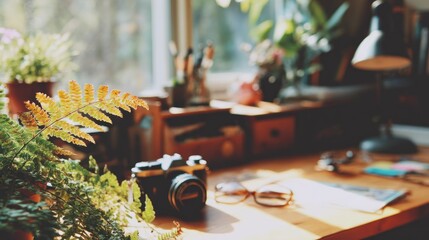 Sunlight streams into a cozy workspace filled with plants.