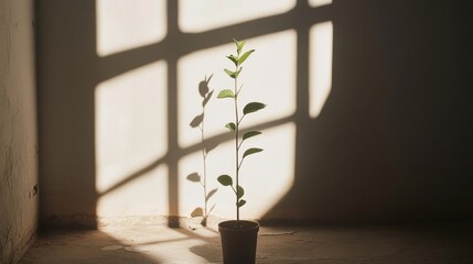 Sunlight casts shadows on a small potted plant.