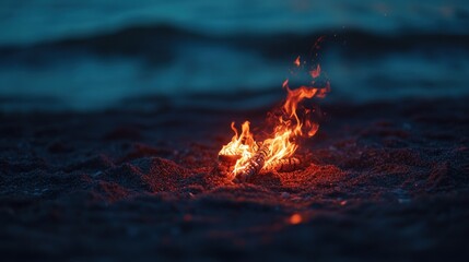 A bonfire on a dark beach at night.