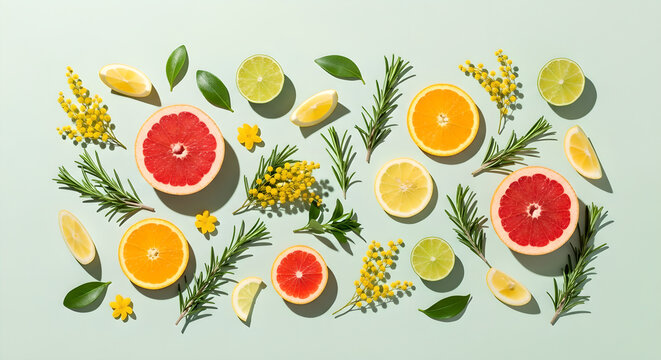 Citrus Fruits Mimosa Rosemary Scattered Flat Lay Green Background Copy Space