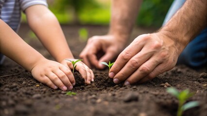 Child and Adult Hands Planting Native Seeds in Fertile Soil
