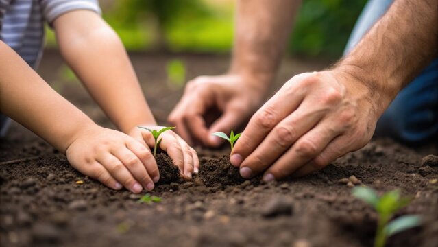 Child and Adult Hands Planting Native Seeds in Fertile Soil