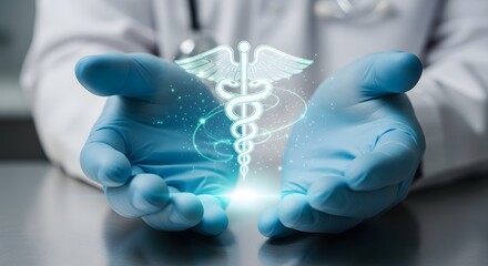 Doctor s gloved hands holding a glowing caduceus symbol representing healthcare