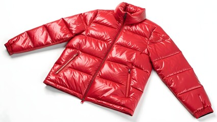 “Red Down-Filled Shiny Jacket on White Background, Vibrant Fashion Outerwear Concept, Winter Style Apparel”