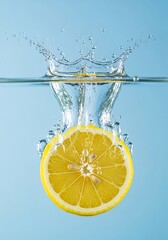 Lemon slice splashing into clear water, high-speed refreshing beverage photography for healthy lifestyle branding