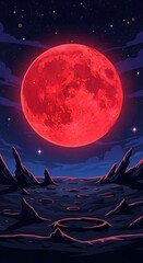 Crimson Moon Over Barren Landscape - A Surreal Nightscape.
