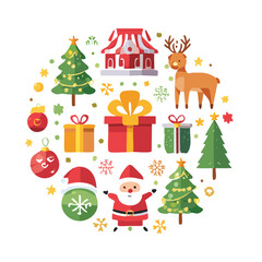 Fototapeta premium 🎄 Cartoon vector set of Christmas tree and holiday decoration icons, including gifts, snow, and Santa hat