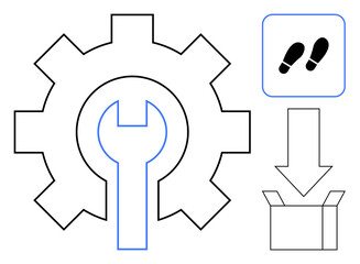 Gear with wrench for system setup. Footsteps suggest guided steps, arrow indicates process flow, and box implies unpacking or delivery. Ideal for automation, workflows, logistics, user onboarding