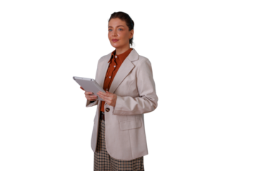 Woman professional holding tablet device with transparent background, standing and thinking, utilizing digital technology