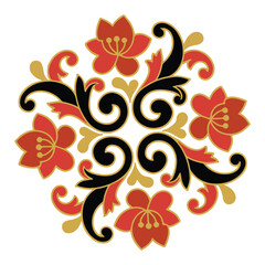 Swirling Floral Mandala – Red Flower Vector with Black Vines and White Accents